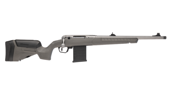 Savage bolt‑action rifle with gray synthetic stock and detachable box magazine on a long silver barrel