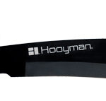 Hooyman curved hunting knife with a green handle and black hooked blade