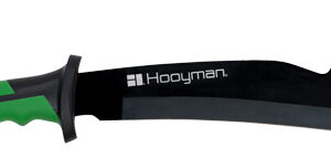 Hooyman curved hunting knife with a green handle and black hooked blade