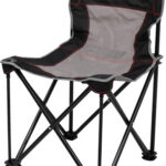 Portable folding camping chair with black frame, gray seat, red stitching, and BOG logo on the backrest.