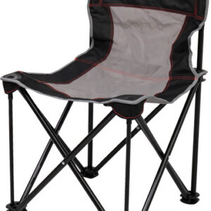 Portable folding camping chair with black frame, gray seat, red stitching, and BOG logo on the backrest.