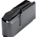 Detachable pistol magazine with feed lips and metal follower, shown in black.