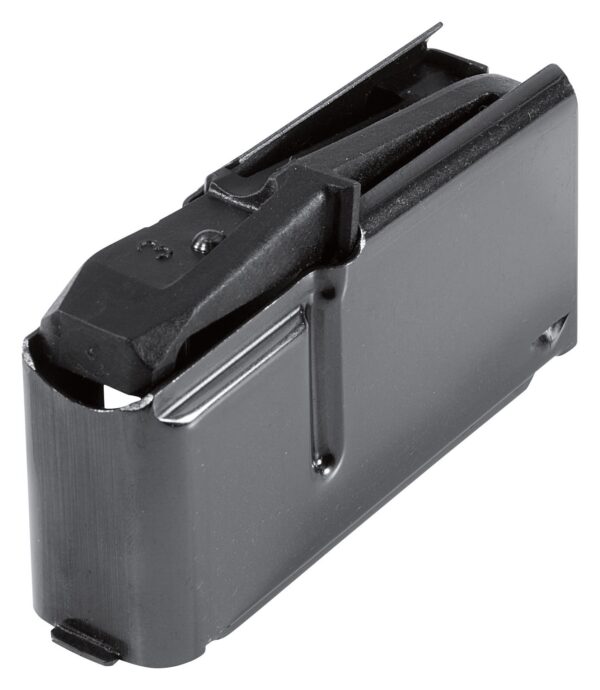 Detachable pistol magazine with feed lips and metal follower, shown in black.