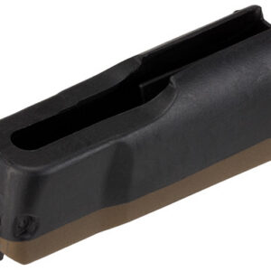 Black handgun magazine with a brown baseplate, photographed from above.