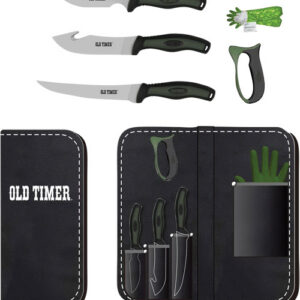 Old Timer knife set with three knives, a sharpening tool, and a black roll-up case opened to show slots and pockets.
