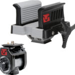 Two-part clamp tool set with gray movable jaw and black quick-release clamp, plus a separate rotary knob component for tightening.