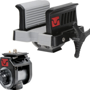 Two-part clamp tool set with gray movable jaw and black quick-release clamp, plus a separate rotary knob component for tightening.