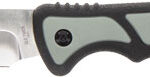 Folding pocket knife with a green-gray handle and a straight blade extended.