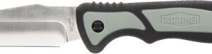 Folding pocket knife with a green-gray handle and a straight blade extended.