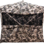 Camouflage hunting blind with a front opening and mesh panel for visibility and concealment.