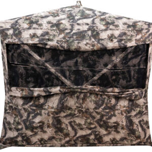 Camouflage hunting blind with a front opening and mesh panel for visibility and concealment.