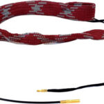 Beaded woven necklace with red and white geometric pattern on a black cord with gold-toned tips at the ends.