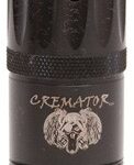 Black cylindrical vape tank with ventilation holes, knurled bands, and the word 'CREMATOR' on the body.