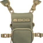 Olive green tactical chest pouch with adjustable straps and front pocket, branded BOG, part of a MOLLE vest setup
