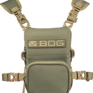 Olive green tactical chest pouch with adjustable straps and front pocket, branded BOG, part of a MOLLE vest setup