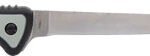 Long fixed-blade knife with a black-and-gray ergonomic handle and a curved silver blade