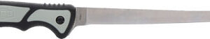 Long fixed-blade knife with a black-and-gray ergonomic handle and a curved silver blade