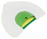 Cross-section view of a white hard helmet showing green inner padding and yellow strap, illustrating interior protection details.