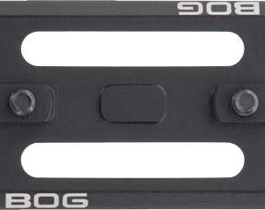 Black tripod quick-release plate with two screws, a central mounting area, and two elongated slots for camera attachment