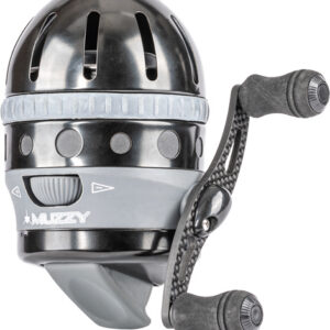 Close-up of a black and gray Muzzy bowfishing reel with a textured grip and two small handle knobs on the side, mounted on a short arm.