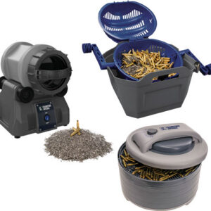 Assortment of carpentry fasteners and tools: a gray electric nailer, a blue bucket full of brass nails, and a gray coil-style fastener dispenser.