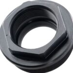 Black metal hex nut with internal threads, shown from an angled top view to emphasize the hexagonal faces and inner threading