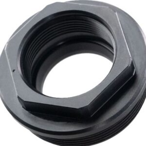 Black metal hex nut with internal threads, shown from an angled top view to emphasize the hexagonal faces and inner threading
