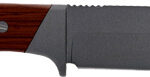 Fixed-blade knife with a dark gray blade and brown wooden handle with a guard.