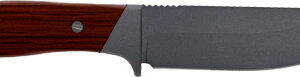Fixed-blade knife with a dark gray blade and brown wooden handle with a guard.