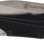 Black textured folding pocket knife with a partially extended stainless steel blade, Smith & Wesson branding, and a metal pocket clip.