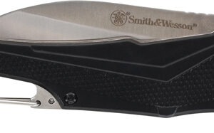 Black textured folding pocket knife with a partially extended stainless steel blade, Smith & Wesson branding, and a metal pocket clip.