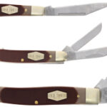 Three folding pocket knives with brown handles and brass bolsters, blades partially opened at different angles on a white background.