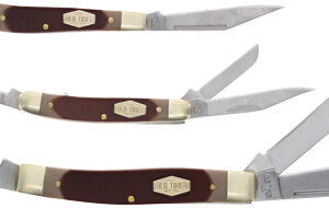 Three folding pocket knives with brown handles and brass bolsters, blades partially opened at different angles on a white background.