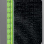 PC cooling radiator with a row of green LED lights along the left side and a black finned surface on the right