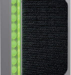 PC cooling radiator with a row of green LED lights along the left side and a black finned surface on the right