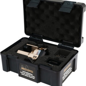 Open hard case showing a Wheeler professional digital bore sighting kit with a gold-toned alignment tool tucked in foam inserts for firearm barrel alignment