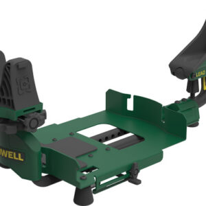 Green Caldwell Lead Sled rifle rest with adjustable front support and rear bag for recoil reduction.