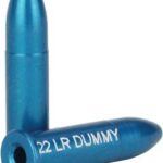 Two blue 22 LR dummy ammunition rounds, one standing upright and the other lying on its side, labeled '22 LR DUMMY'.