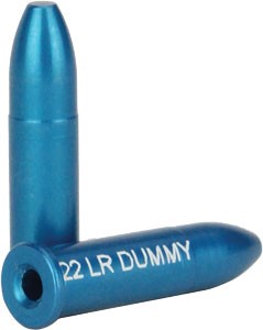 Two blue 22 LR dummy ammunition rounds, one standing upright and the other lying on its side, labeled '22 LR DUMMY'.
