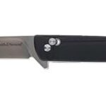 Folding pocket knife with a black handle and a partially extended silver blade.