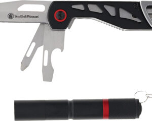 Folding knife with integrated metal tools and black grip beside a small flashlight on a keychain.