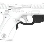 White Smith & Wesson semi-automatic pistol shown in profile with black grip guard and gray accents