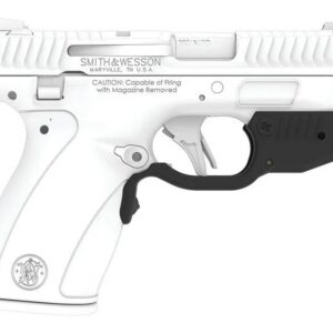 White Smith & Wesson semi-automatic pistol shown in profile with black grip guard and gray accents