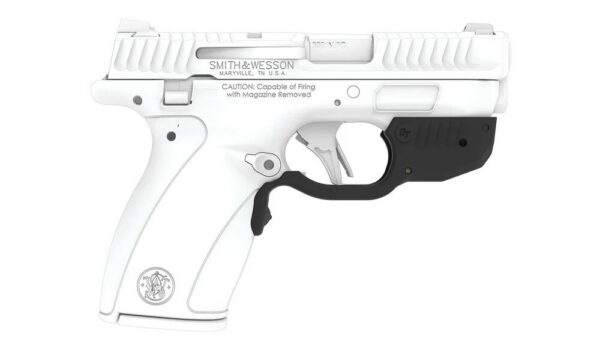 White Smith & Wesson semi-automatic pistol shown in profile with black grip guard and gray accents