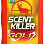 Scent Killer Gold body wash & shampoo bottle with Wildlife Research Center branding and an orange-red gradient design, labeled ‘Fights Odor’.