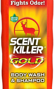 Scent Killer Gold body wash & shampoo bottle with Wildlife Research Center branding and an orange-red gradient design, labeled ‘Fights Odor’.