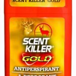 Red Scent Killer Gold antiperspirant and deodorant bottle with deer and elk logo and 'Fights Odors' label.
