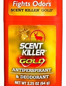 Red Scent Killer Gold antiperspirant and deodorant bottle with deer and elk logo and 'Fights Odors' label.