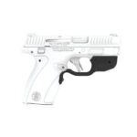 White semi-automatic pistol shown in profile with a black grip, Smith & Wesson branding on the slide.