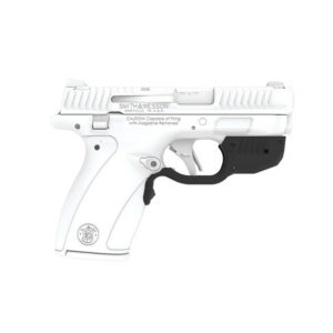 White semi-automatic pistol shown in profile with a black grip, Smith & Wesson branding on the slide.